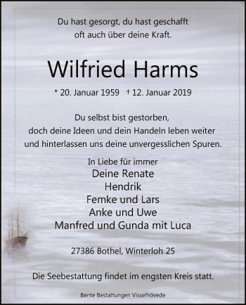 Traueranzeige von Wilfried Harms von SYK