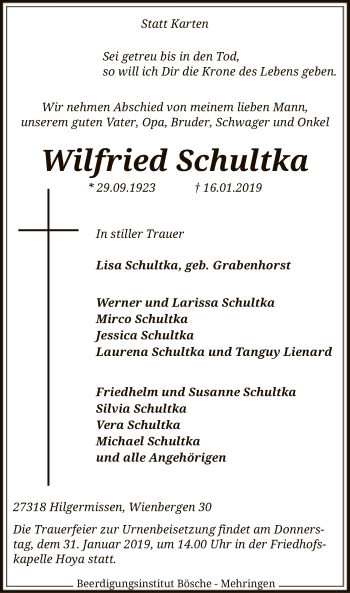 Traueranzeige von Wilfried Schultka von SYK