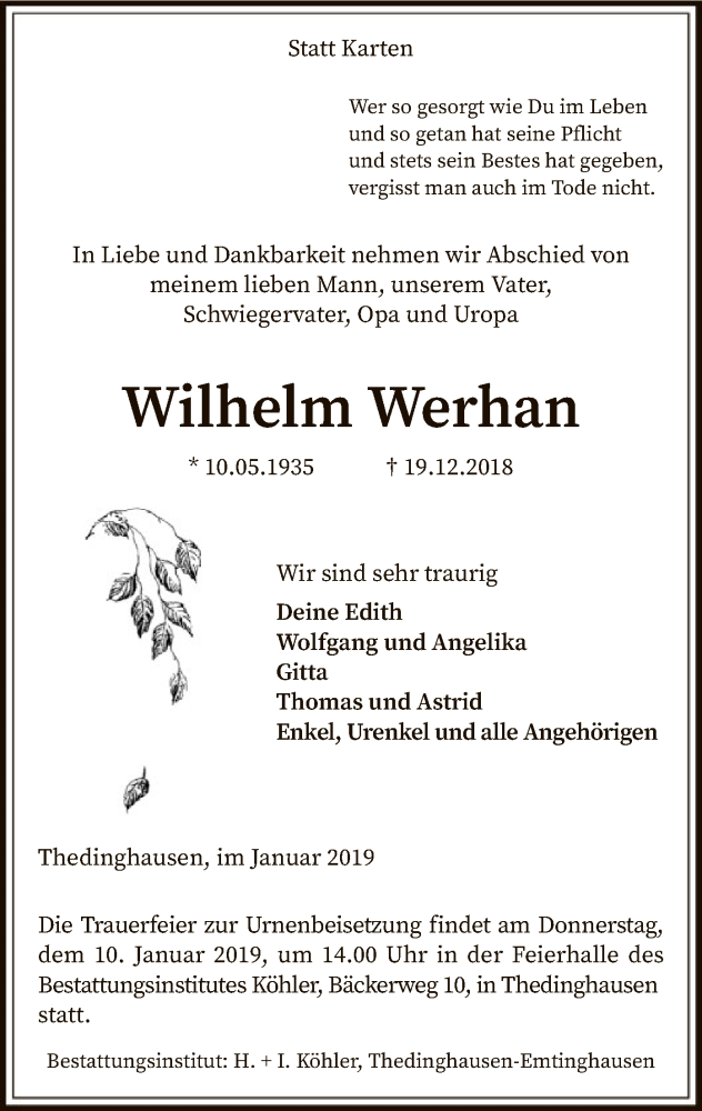  Traueranzeige für Wilhelm Werhan vom 05.01.2019 aus SYK