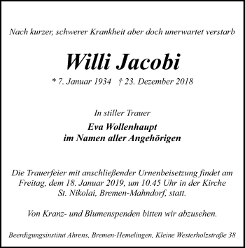 Traueranzeige von Willi Jacobi von SYK