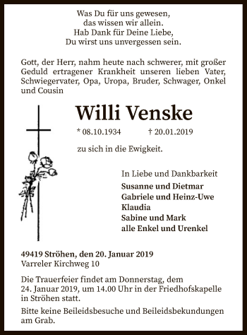 Traueranzeige von Willi Venske von SYK