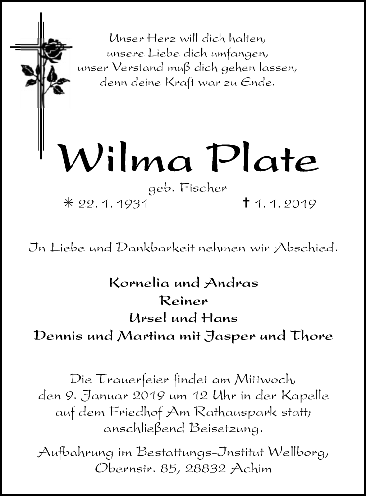  Traueranzeige für Wilma Plate vom 05.01.2019 aus SYK