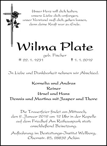 Traueranzeige von Wilma Plate von SYK