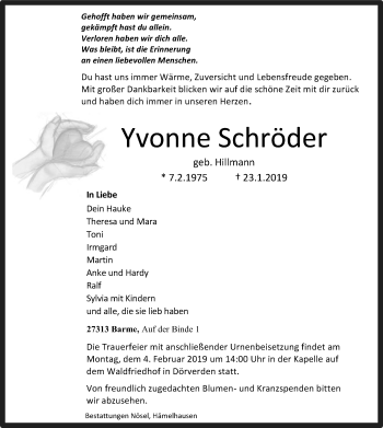 Traueranzeige von Yvonne Schröder von SYK