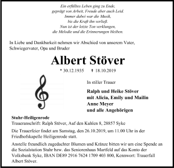 Traueranzeige von Albert Stöver von SYK