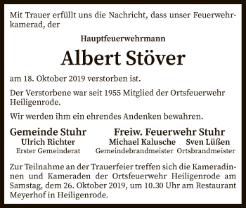 Traueranzeige von Albert Stöver von SYK