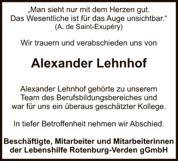 Traueranzeige von Alexander Lehnhof von SYK