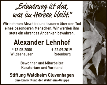 Traueranzeige von Alexander Lehnhof von SYK