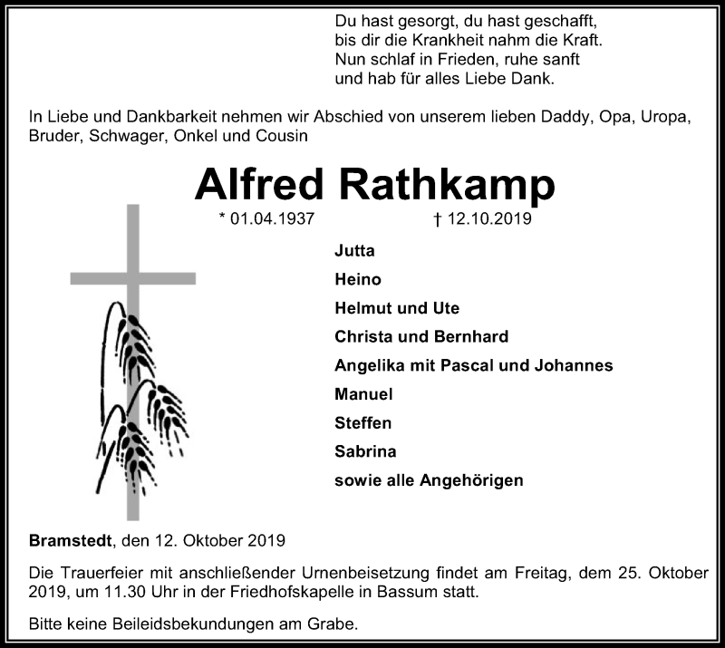  Traueranzeige für Alfred Rathkamp vom 19.10.2019 aus SYK