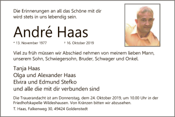 Traueranzeige von Andre Haas von SYK