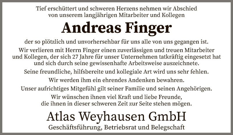  Traueranzeige für Andreas Finger vom 16.10.2019 aus SYK