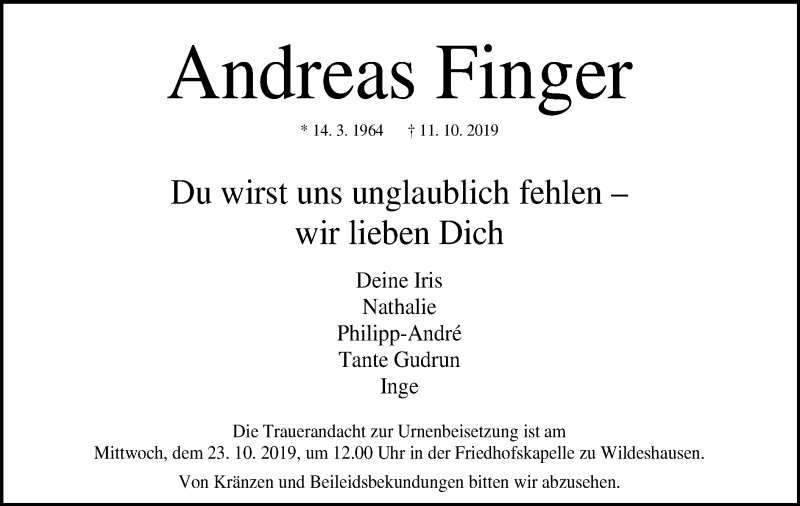  Traueranzeige für Andreas Finger vom 16.10.2019 aus SYK