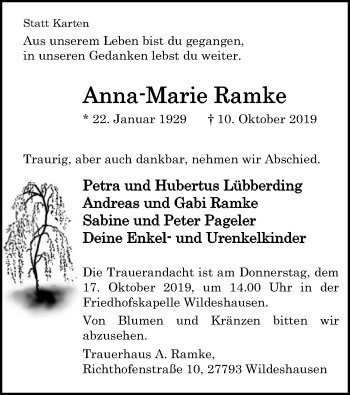 Traueranzeige von Anna-Marie Ramke von SYK