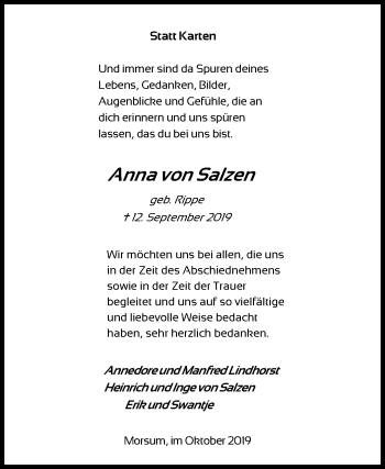 Traueranzeige von Anna  von Salzen von SYK