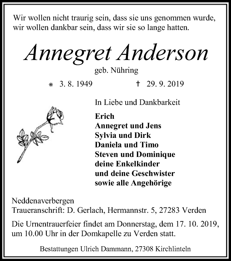  Traueranzeige für Annegret Anderson vom 15.10.2019 aus SYK