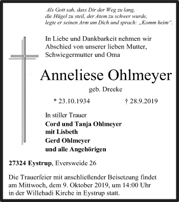 Traueranzeige von Anneliese Ohlmeyer von SYK