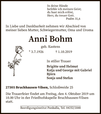 Traueranzeige von Anni Bohm von SYK