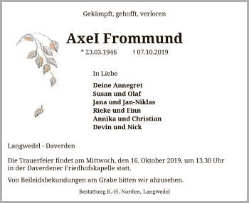 Traueranzeige von Axel Frommund von SYK