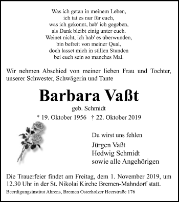 Traueranzeige von Barbara Vaßt von SYK