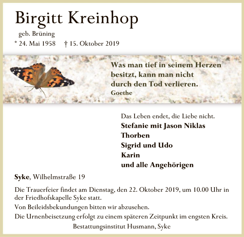  Traueranzeige für Birgitt Kreinhop vom 19.10.2019 aus SYK