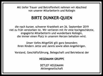 Traueranzeige von Birte Dunker-Quien