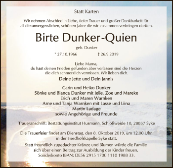 Traueranzeige von Birte Dunker-Quien