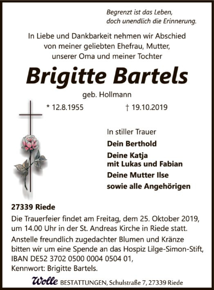  Traueranzeige für Brigitte Bartels vom 23.10.2019 aus SYK