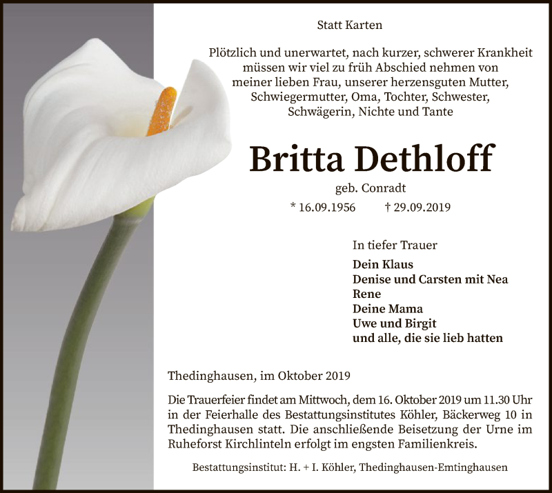  Traueranzeige für Britta Dethloff vom 12.10.2019 aus SYK