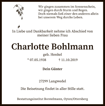 Traueranzeige von Charlotte Bohlmann von SYK