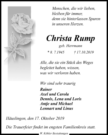 Traueranzeige von Christa Rump von SYK