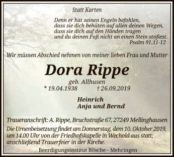 Traueranzeige von Dora Rippe von SYK