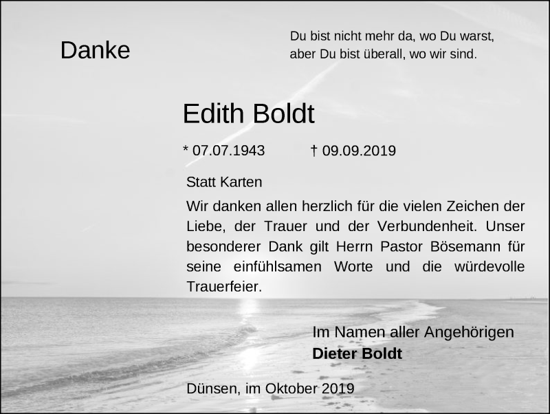  Traueranzeige für Edith Boldt vom 05.10.2019 aus SYK