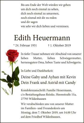 Traueranzeige von Edith Heuermann von SYK