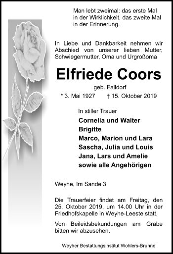 Traueranzeige von Elfriede Coors von SYK