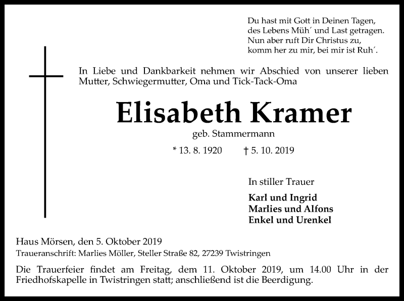  Traueranzeige für Elisabeth Kramer vom 08.10.2019 aus SYK