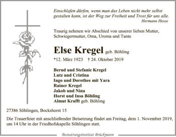 Traueranzeige von Else kregel von SYK