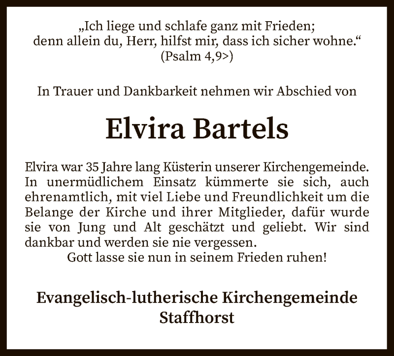  Traueranzeige für Elvira Bartels vom 17.10.2019 aus SYK