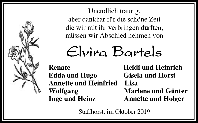  Traueranzeige für Elvira Bartels vom 17.10.2019 aus SYK