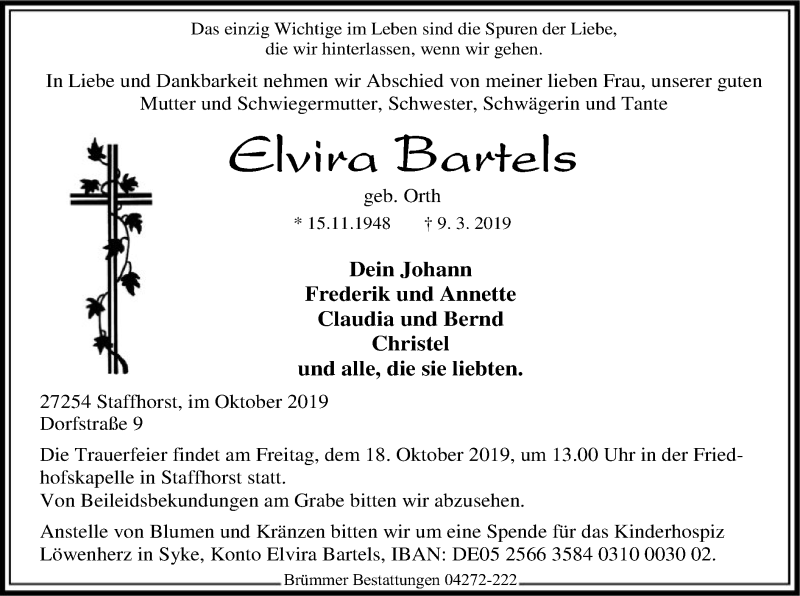  Traueranzeige für Elvira Bartels vom 16.10.2019 aus SYK