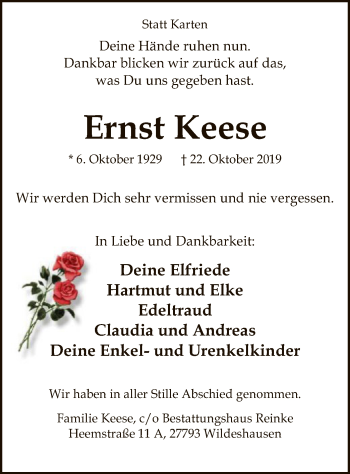 Traueranzeige von Ernst Keese von SYK