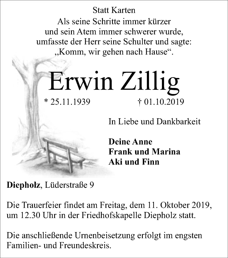  Traueranzeige für Erwin Zillig vom 04.10.2019 aus SYK