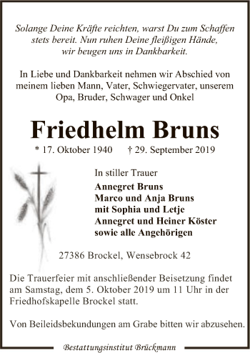 Traueranzeige von Friedhelm Bruns von SYK