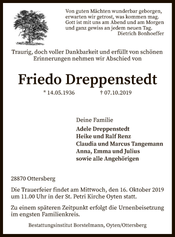 Traueranzeige von Friedo Dreppenstedt von SYK