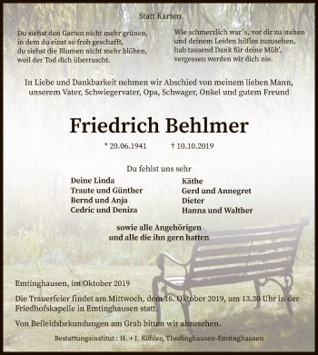 Traueranzeige von Friedrich Behlmer von SYK