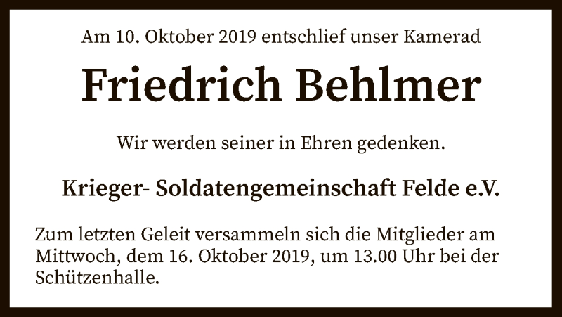  Traueranzeige für Friedrich Behlmer vom 12.10.2019 aus SYK