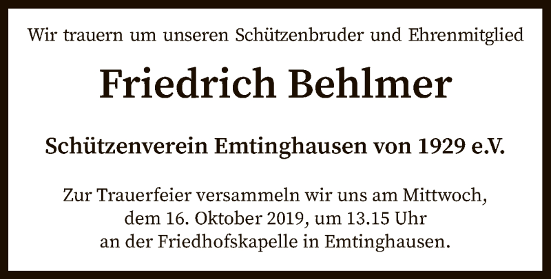  Traueranzeige für Friedrich Behlmer vom 12.10.2019 aus SYK
