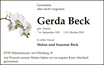 Traueranzeige von Gerda Beck von SYK