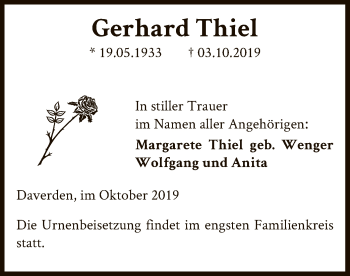 Traueranzeige von Gerhard Thiel von SYK