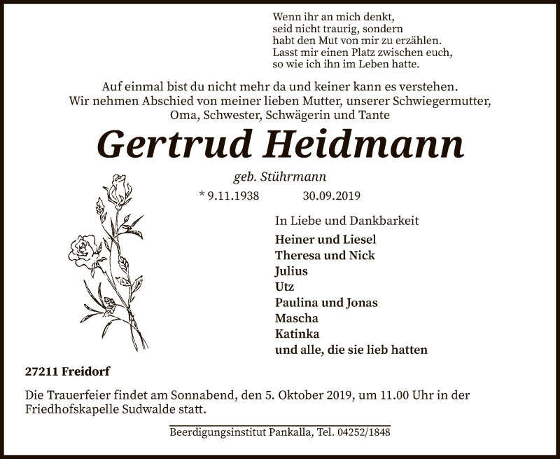  Traueranzeige für Gertrud Heidmann vom 02.10.2019 aus SYK