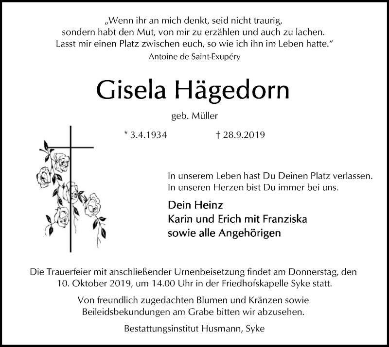  Traueranzeige für Gisela Hägedorn vom 02.10.2019 aus SYK